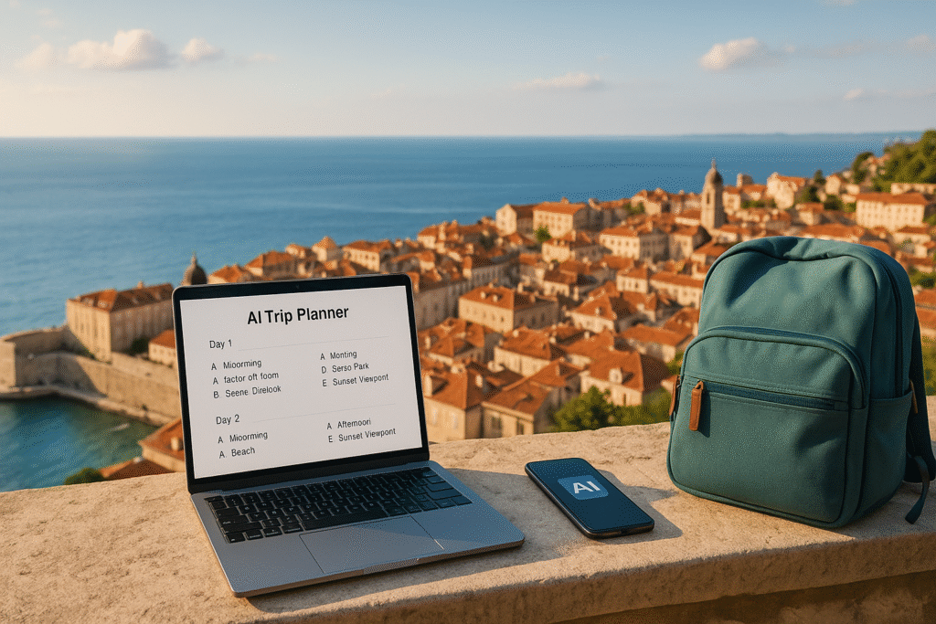 Laptop and smartphone displaying AI style analytics on a rocky cliff beside a grey backpack, overlooking a turquoise sea and green coastal mountains, symbolising 48 hour AI planned getaways by SALEM Adnan ALASOUSI.